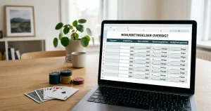 Regneark med casinochips, spillekort og felter til indskud, bonus og gennemspilning