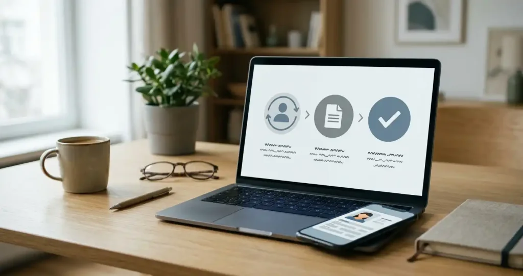 Person ved en bærbar computer med telefon, identitetskort og en enkel kontoproces på skærmen