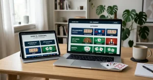Laptop og tablet med stiliserede casinospilfelter og spillekort på et bord