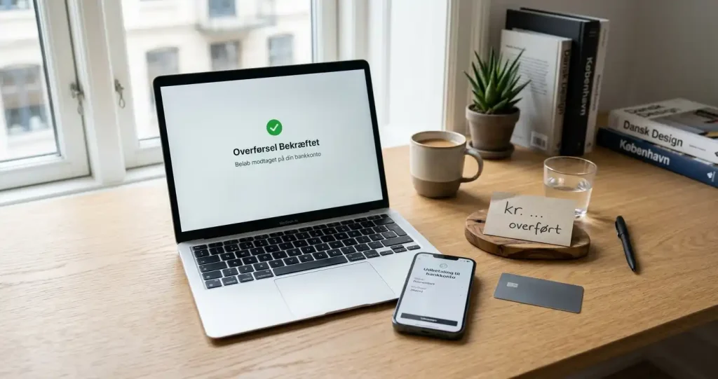 Mobiltelefon med udbetalingsoversigt ved siden af betalingskort og en bærbar computer