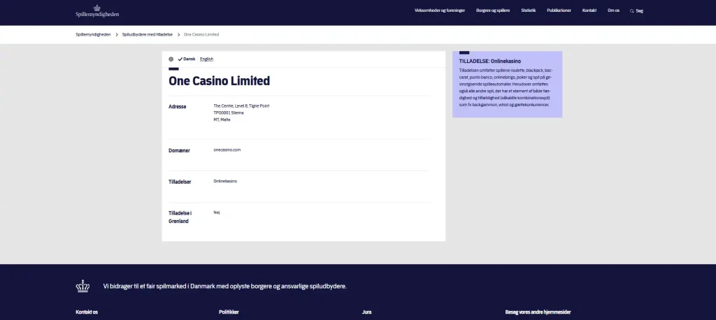 Spillemyndighedens registervisning med One Casino Limited og domænet onecasino.com