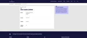 Spillemyndighedens registervisning med One Casino Limited og domænet onecasino.com